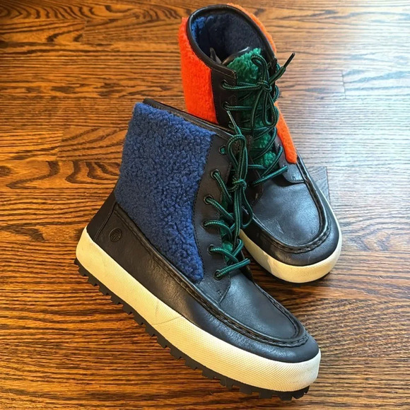 Tory Burch black leather & colorblock fleece yellow/blue/green/red/orange boots - Picture 5 of 10